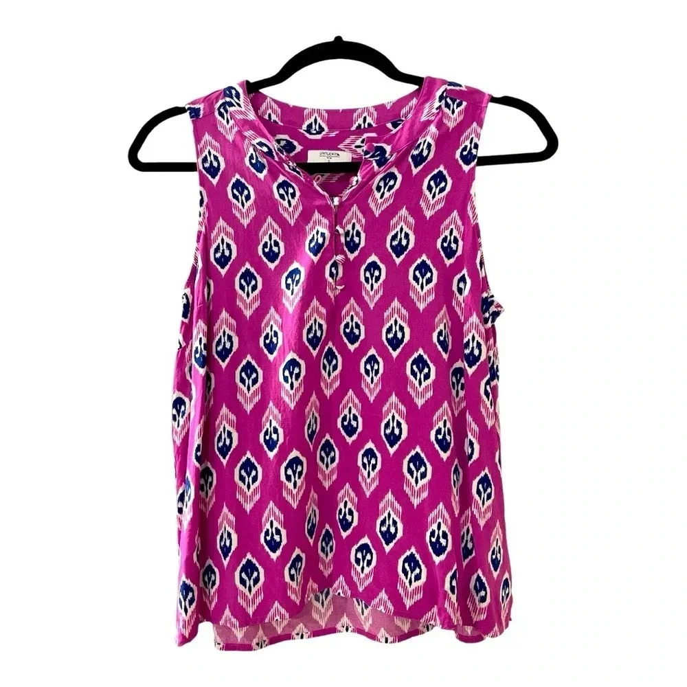 UNTUCKit Women’s Sleeveless Pink Blue Ikat Rayon Casual Shirt Size S
